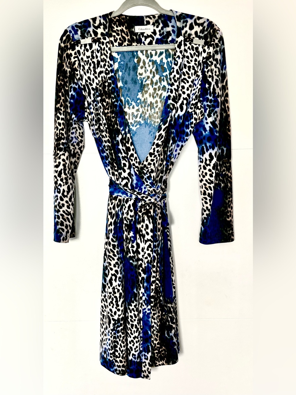 Calvin Klein Blue Leopard Wrap Dress Long Sleeve Roll Tab V Neck Animal Print